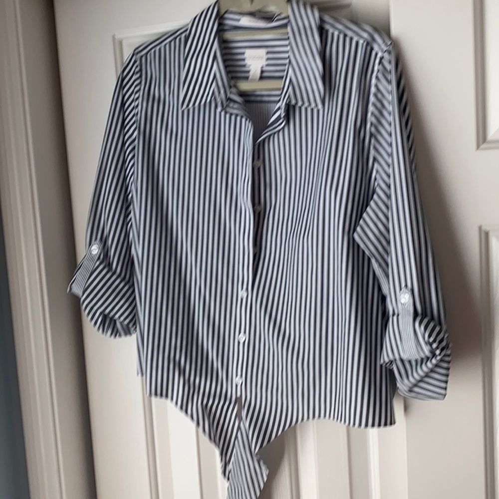 Chico’s black and white stripe button front top.